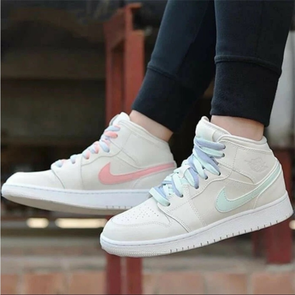 Air Jordan 1 Mid Phantom Swoosh Cream Sneakers with Pink and Blue Accents